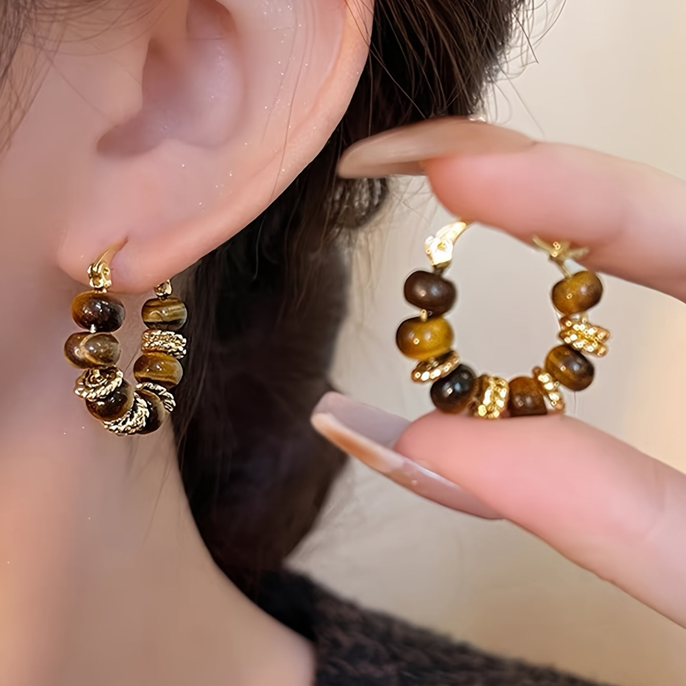 Amber Elegance — Set de 3 Pares de Aros Vintage con Cuentas Ámbar