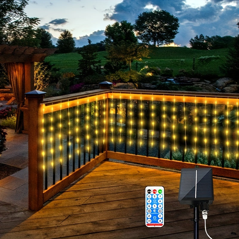 1 pack, outdoor solar 59.98meter x 7.19meter curtain cord light, IPX4, 8 modes of remote control waterfall light, courtyard garden balcony birthday party wedding decoration light, commercial lighting atmosphere string light,