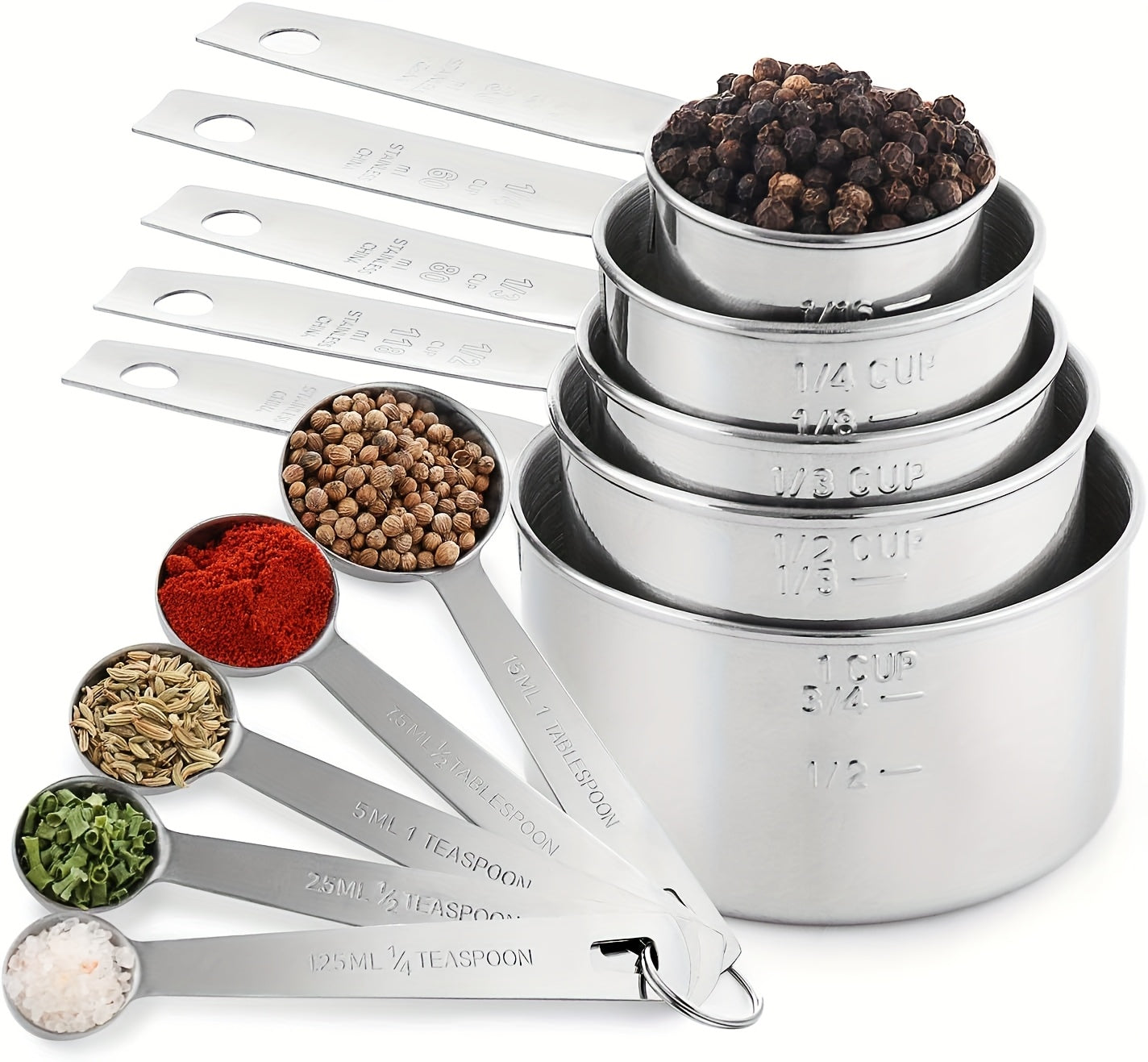 ChefMedida WN — Set de 10 Utensilios de Medición en Acero Inoxidable (5 Cucharas + 5 Tazas, Borde Enrollado, Apilables)