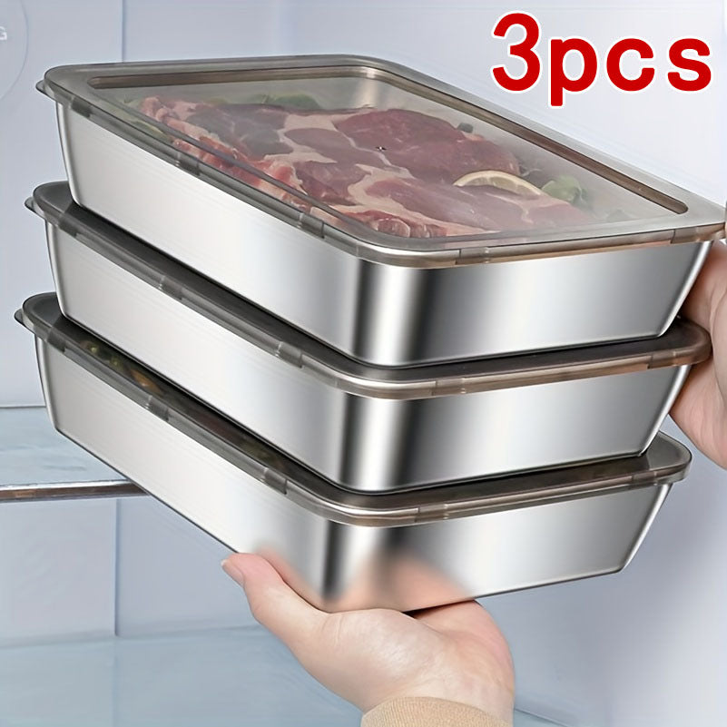 3pcs Stainless Steel Food Storage Containers, Leakproof, BPA-Free, Reusable, Easy to Clean, Stackable, Use Without Electricity, Made of Material That Can Be Used for Food Contact, with Kitchen Organizer for Refrigerator, Free