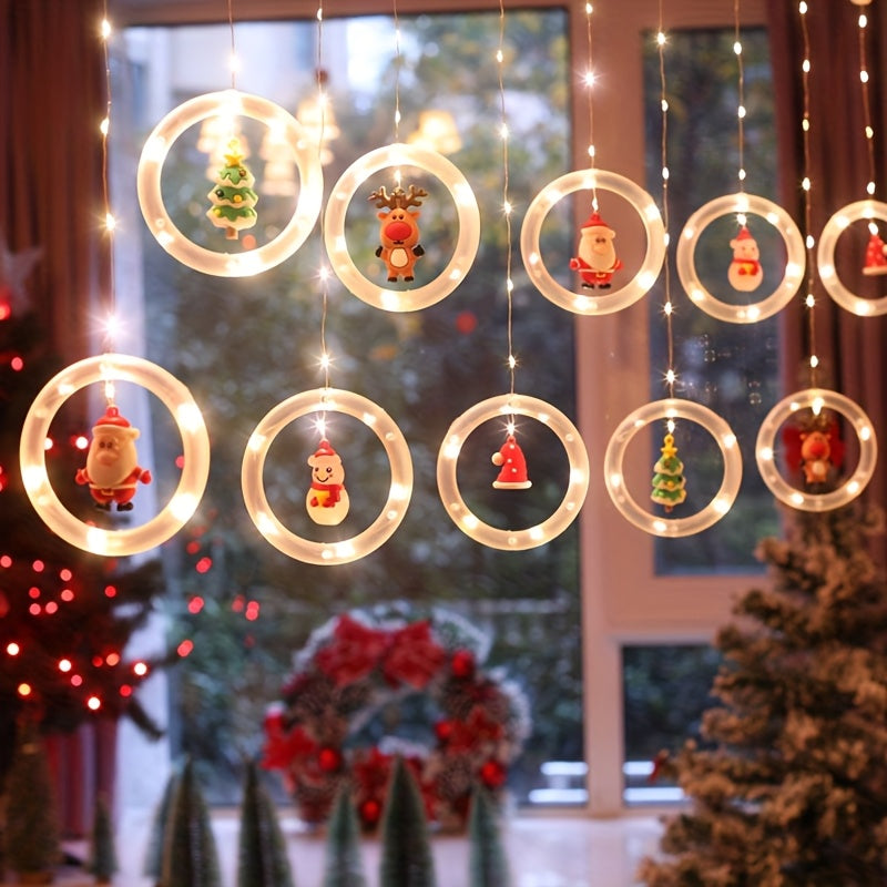 Rustic Christmas LED Curtain Lights Set - Santa, Reindeer, Snowman & Tree Designs | USB Powered Festive String Lights for Home, Bedroom & Party Decor, Key Control, White, Glamorous Style, Plastic Material