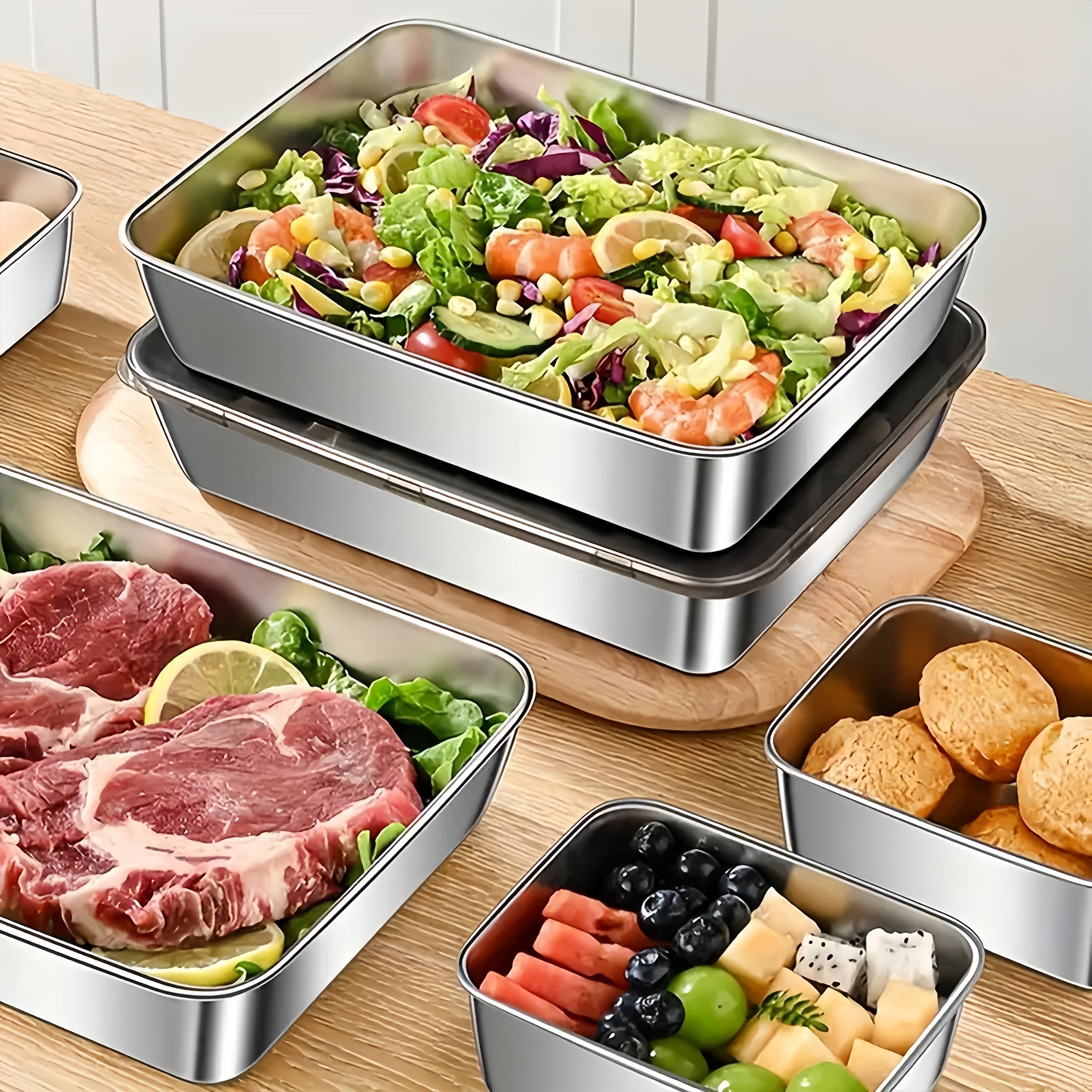 3pcs Stainless Steel Food Storage Containers, Leakproof, BPA-Free, Reusable, Easy to Clean, Stackable, Use Without Electricity, Made of Material That Can Be Used for Food Contact, with Kitchen Organizer for Refrigerator, Free