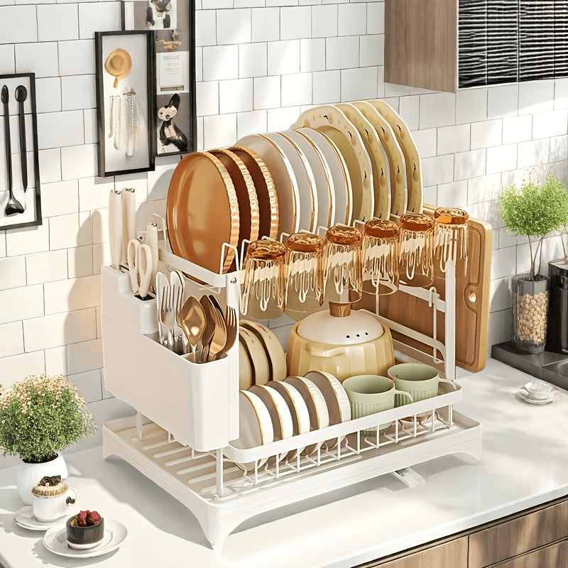 Heavy-Duty Carbon Steel Kitchen Dish Rack - Space-Saving Two-Tier Organizer with Drainage System, Compact Countertop Organizer for Plates, Bowls, Cups, Knives, Spoons - Ideal for Small Kitchens, Apartments, Restaurants - Easy