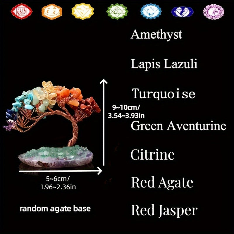 Natural Crystal Feng Shui Seven Chakras Colorful Stone Agate Base Wealth Tree Welcoming Pine, Spiritual Item