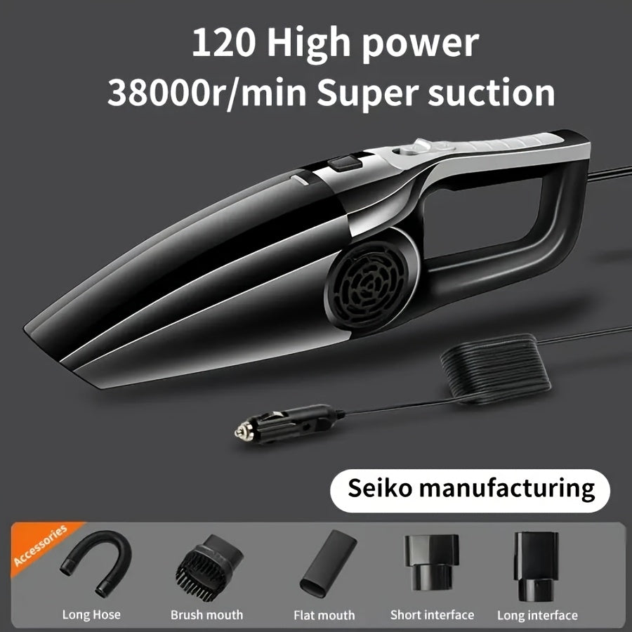 120 High Power 38000r/min Super Suction Handheld Vacuum Cleaner - Lightweight Portable Design with Long Hose, Brush & Flat Mouths, Ergonomic Handle for Home & Car Use, Car Vacuum Cleaner, Sleek Metallic Finish, Durable Constr