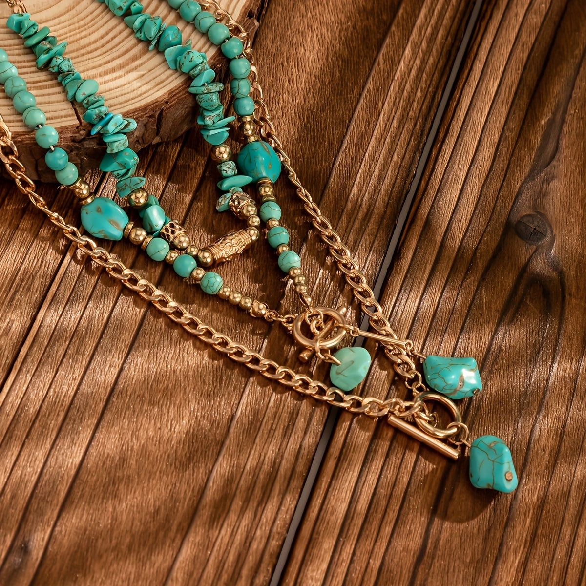 TurquoiseWaves — Set de Collar Bohemio en Capas con Cuentas de Turquesa Sintética