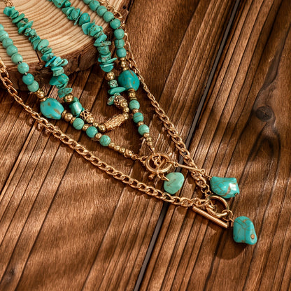 TurquoiseWaves — Set de Collar Bohemio en Capas con Cuentas de Turquesa Sintética