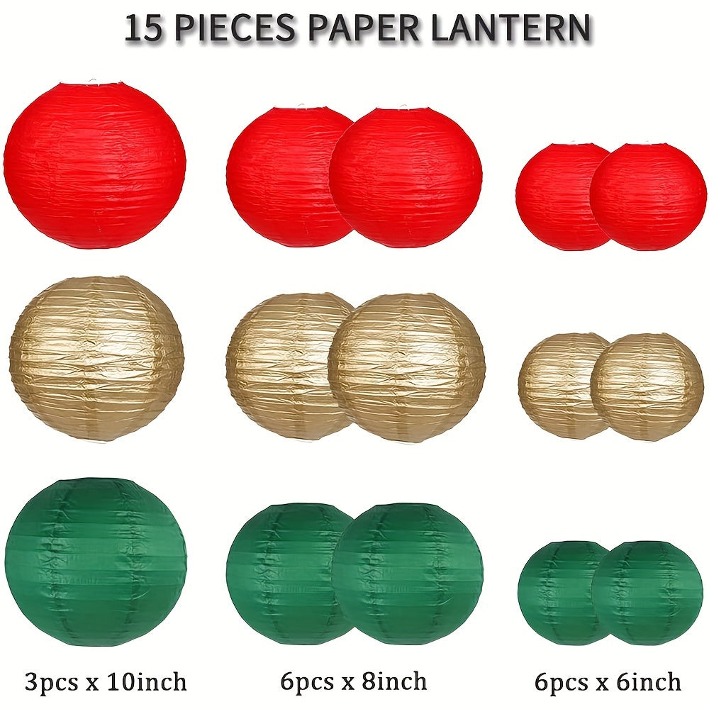 15pcs, Christmas party decoration paper lanterns, 3 25cm, 6 20cm, 6 15cm paper lanterns, 15 sets, suitable for Christmas/New Year room decoration, to increase the festive atmosphere, red, dark green, gold,