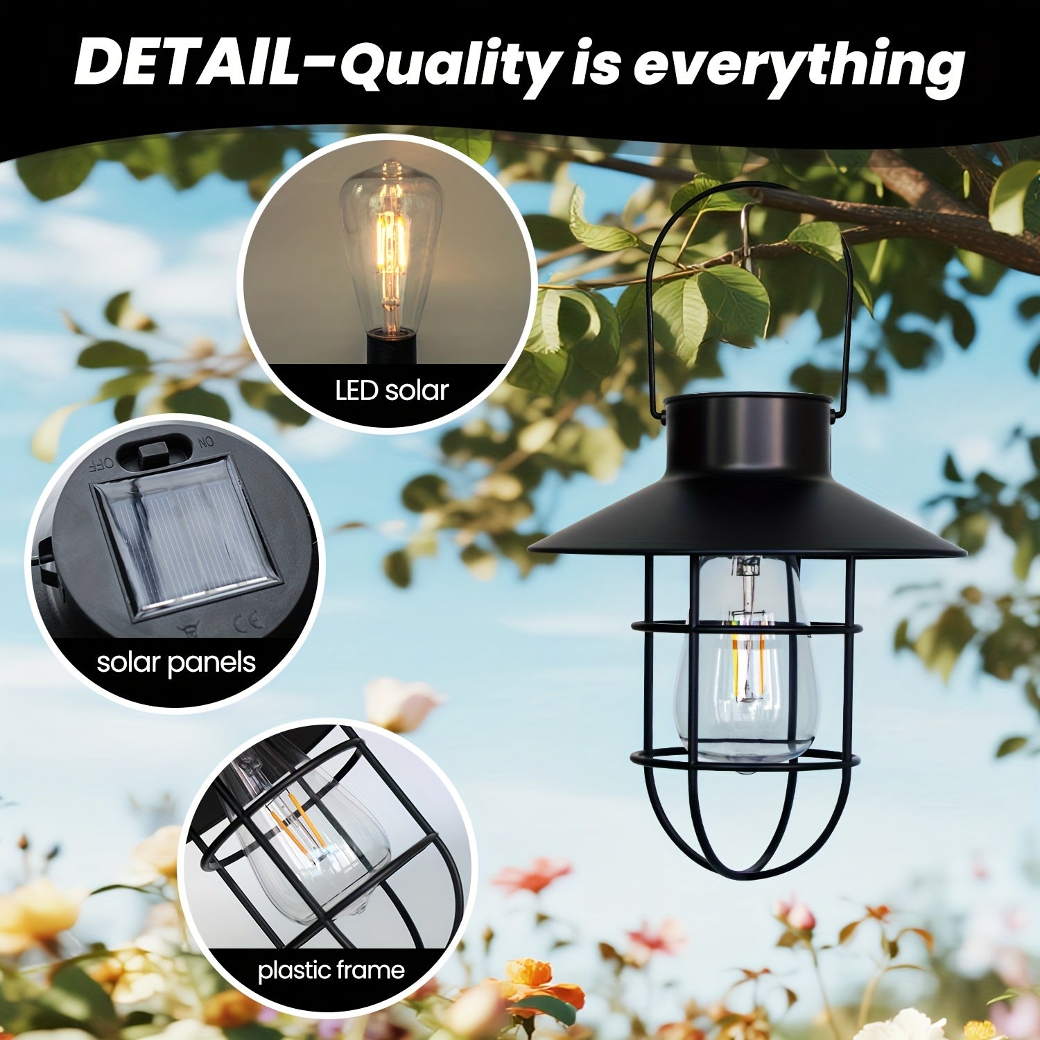 Set of 2 Solar Lanterns, Outdoor Hanging Solar Lights, Vintage LED Solar Lights with Handle for Patio Garden Patio Pathway Lawn Porch Decoration Set of 2 (Black)
