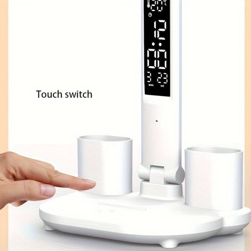 Foldable LED Desk Lamp with Digital Clock & Calendar Display, USB-Powered Touch Control, Sleek White Design for Bedroom Bedside Reading - Includes USB Cable, Bedside Reading Light | Modern Desk Lamp | Foldable Lamp, Desk Lamp