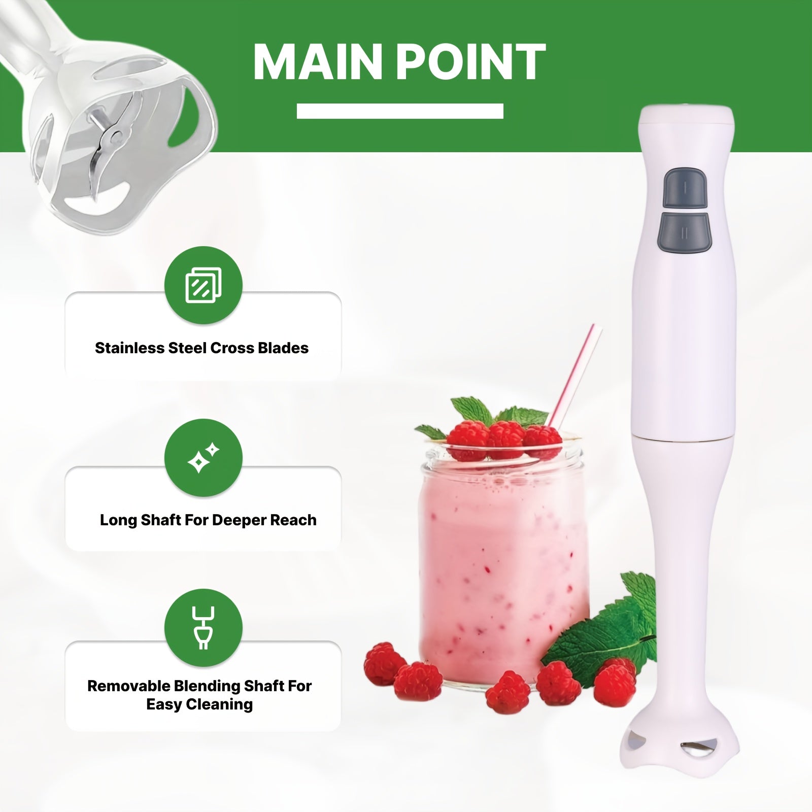WANVOAPLS Electric Immersion Hand Blender,2- Speed Control One Hand, Kitchen Accessories, Mixer, Chopper, Ice Crushing, Removable Blending Stick for Easy Cleaning. for Purees, Smoothies, Shakes, Ivory, Soups, Sauces