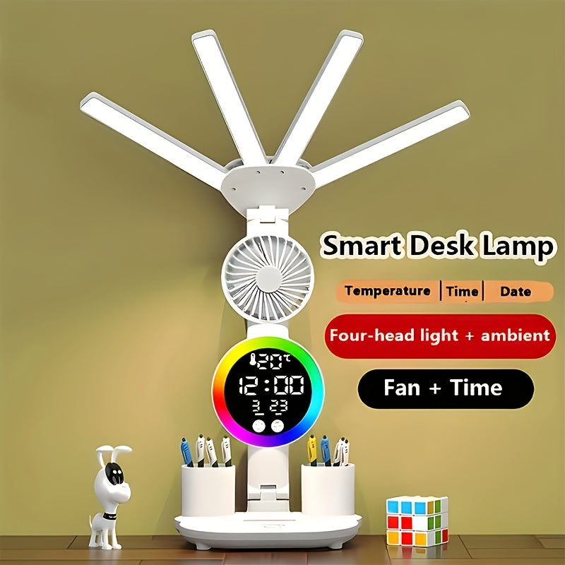 Limited Time Flash Deal 2025 New USB Smart Touch Control LED Desk Lamp - Dual Head, Adjustable Brightness and Color Changing Reading Light with Built-in Fan & Nightlight Eye Protection Design for Home Office Study in the Bedr