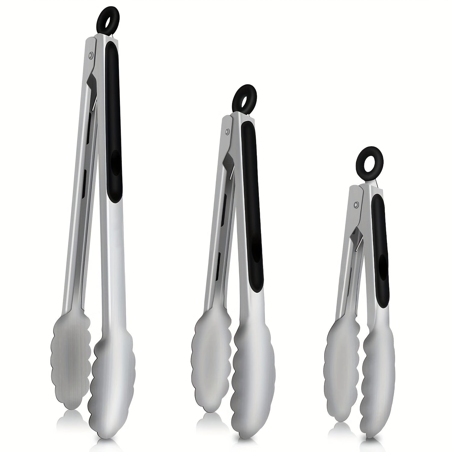 Stainless Steel Kitchen Tongs Set - 3 Pieces Heavy Duty Food Tongs with Locking Design, Heat Resistant up to 600°F, Non-Slip for Cooking, Salad, BBQ - Dishwasher Safe, Multi Size (20.32/26.67/34.29 cm)