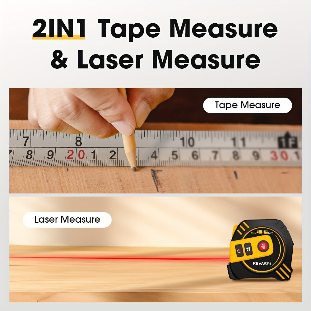 REVASRI 2-in-1 Laser Measuring Tool - 131ft/40m Laser Distance Meter & 16ft/5m Tape Measure, USB Rechargeable with LCD Display, Supports Pythagorean Theorem, Area & Volume Calculations, Feet/Inches/Meters Switchable, Ideal fo
