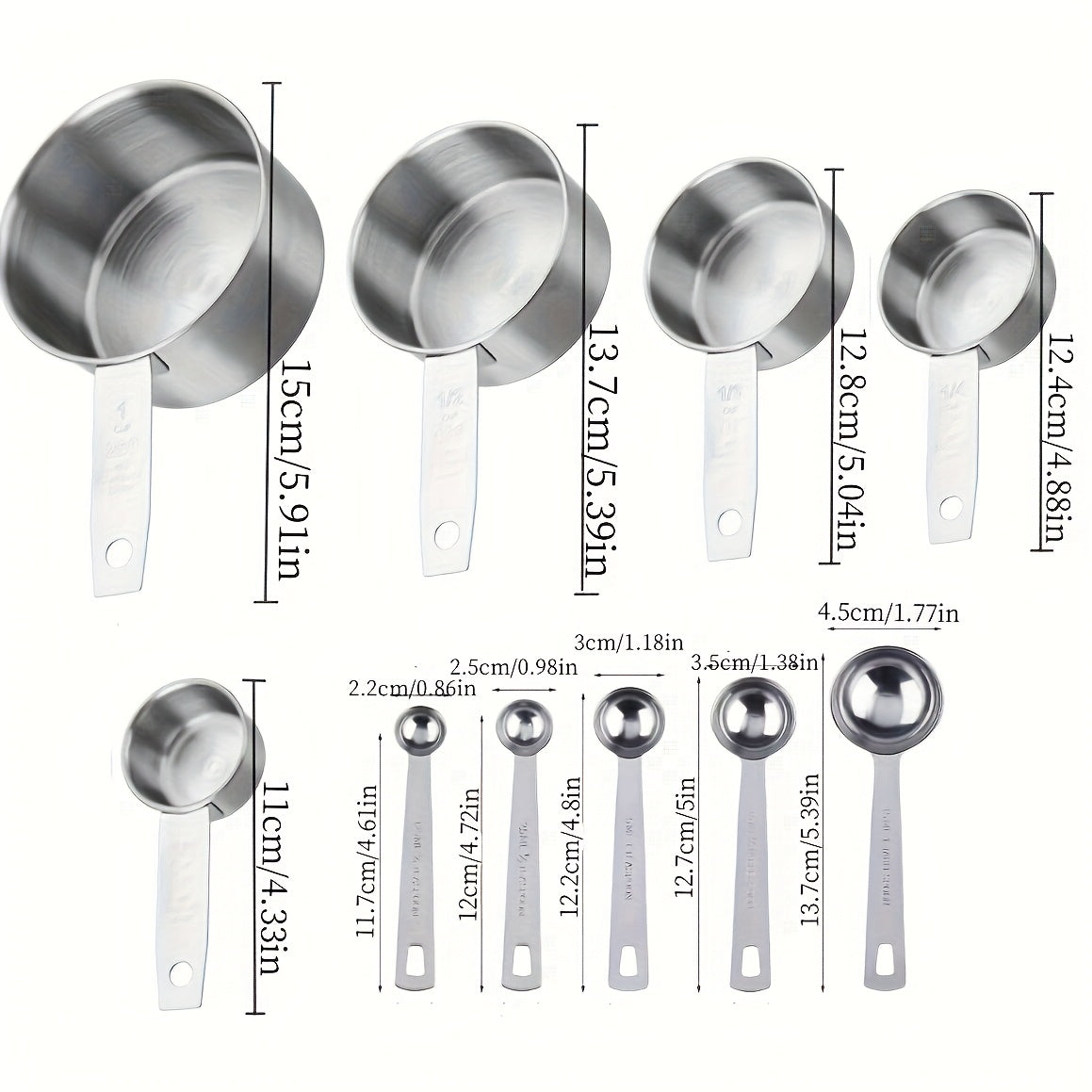 ChefMedida WN — Set de 10 Utensilios de Medición en Acero Inoxidable (5 Cucharas + 5 Tazas, Borde Enrollado, Apilables)