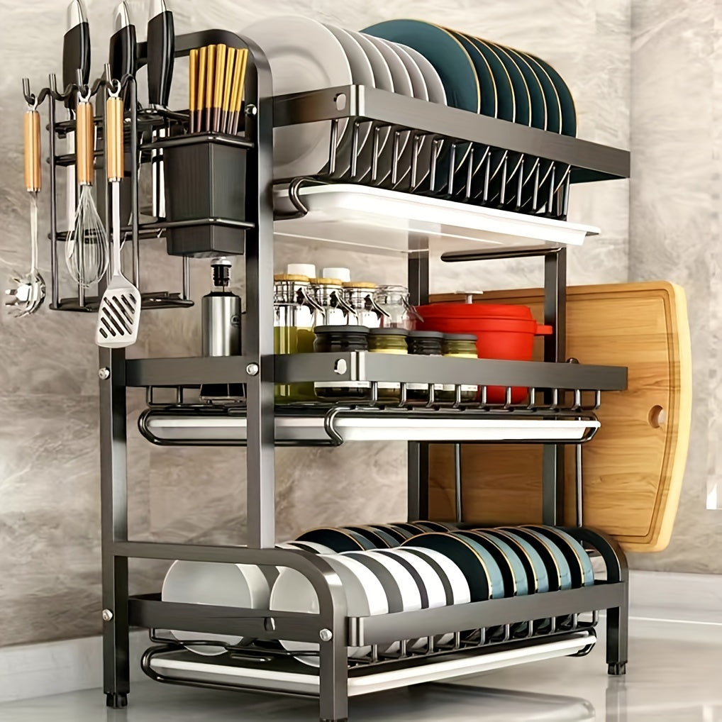 A Complete Set of High-Quality Carbon Steel Three-Layer Bowls, Plates, Chopsticks, Forks, Spoons, Cups, And a Cutting Board with a Draining And Storage Rack.