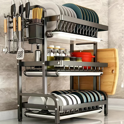 OrganizaPro EX — Estante de Cocina de 3 Niveles con Tabla de Corte, Drenaje y Almacenamiento (Acero al Carbono + Plástico)
