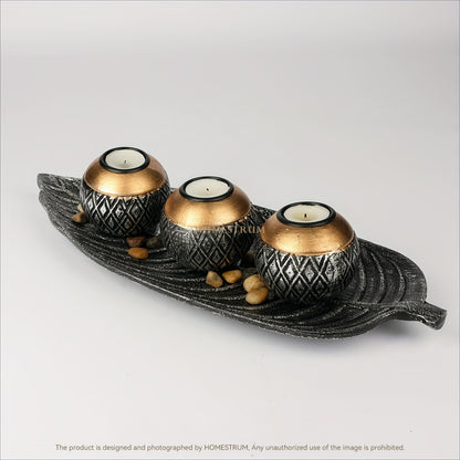 Leaf Harmony — Set de Portavelas de Madera con Bandeja y Esferas