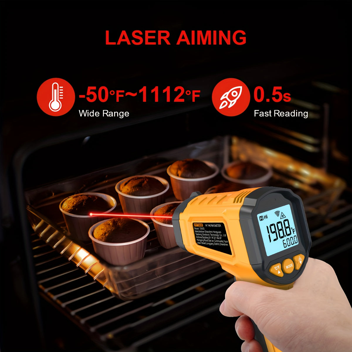 HYTAIS Infrared Thermometer with Laser Aiming - Fast Reading, Non-Contact, Wide Temperature Range (-50°F to 1112°F), Perfect for Cooking and Baking, Baking Thermometer | Digital Display | Plastic Body, Thermometer for Oven