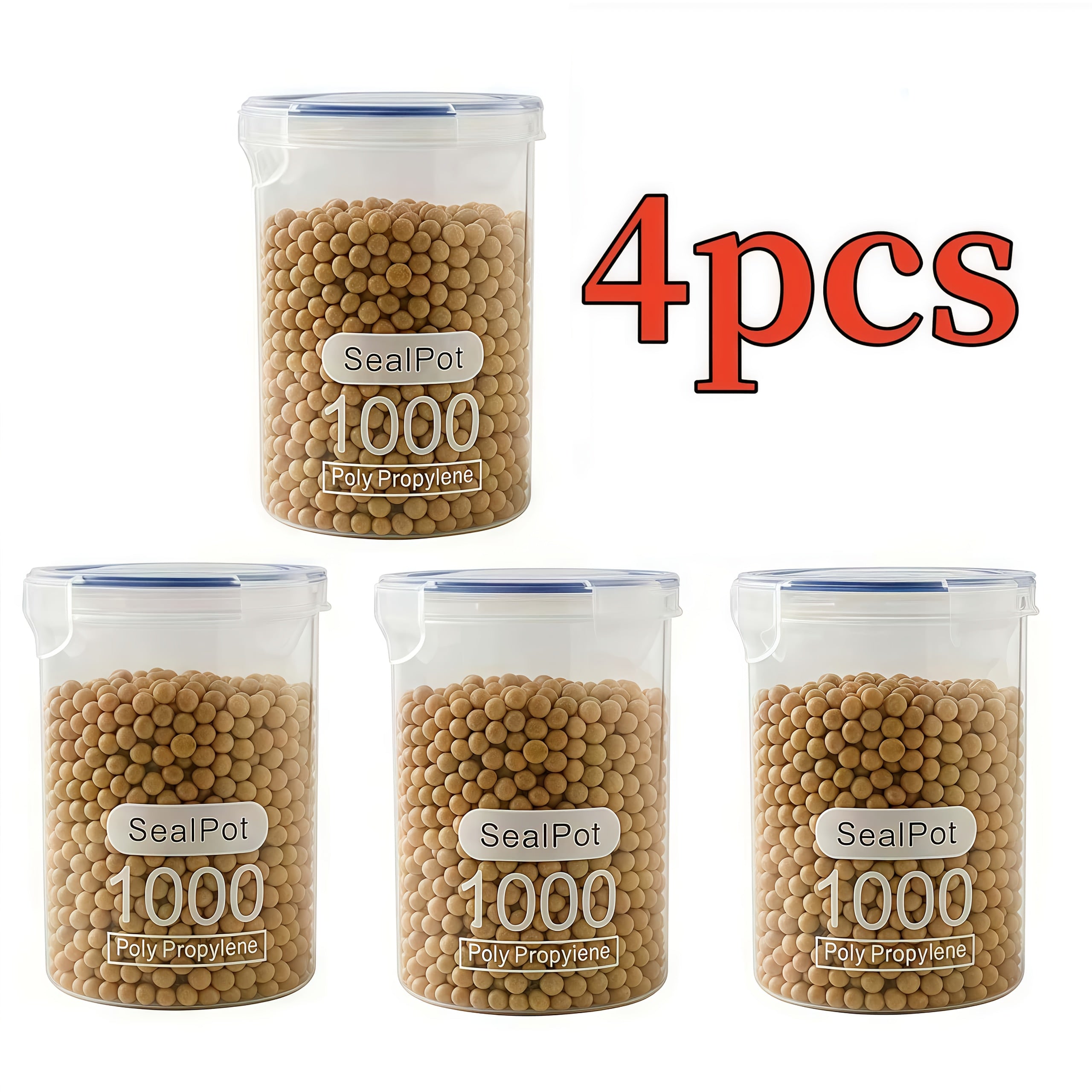 4pcs Large Airtight Grain Storage Jars with Lids - Transparent Pantry Containers, Stackable Kitchen Canisters for Dry Goods, Beans, Rice, Pasta - Leakproof Flip-Top Lid & Easy-Clean Base - Space-Saving Organizer for Pantry, R