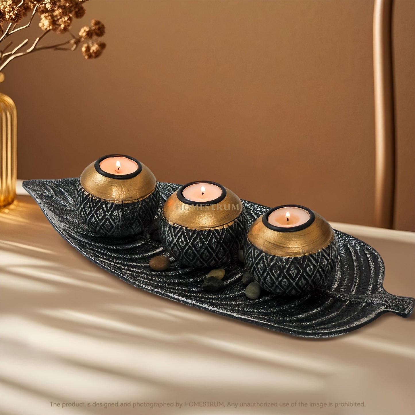 Leaf Harmony — Set de Portavelas de Madera con Bandeja y Esferas