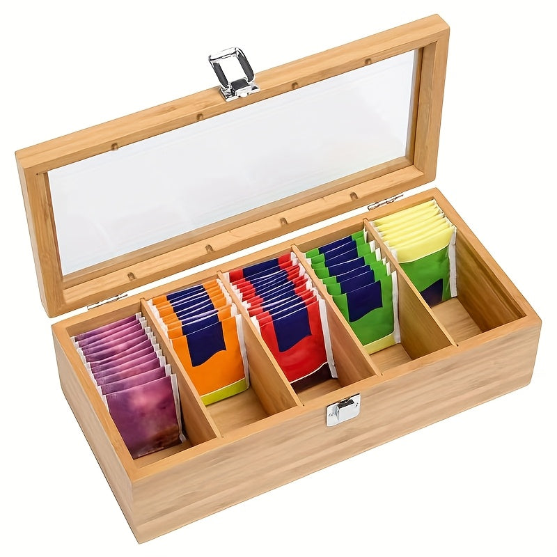 1pc Bamboo Tea Bag Organizer with Transparent Glass Lid - Multi-Compartment Storage Box for Tea, Coffee, and Desk Supplies, Natural Wood Finish, Colorful Tea Bag Display, Perfect for Kitchen or Office Organization, Tea Storag