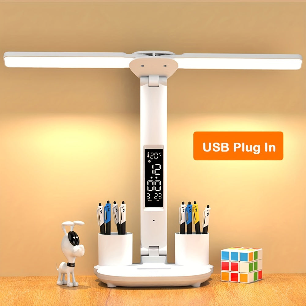 Foldable LED Desk Lamp with Digital Clock & Calendar Display, USB-Powered Touch Control, Sleek White Design for Bedroom Bedside Reading - Includes USB Cable, Bedside Reading Light | Modern Desk Lamp | Foldable Lamp, Desk Lamp