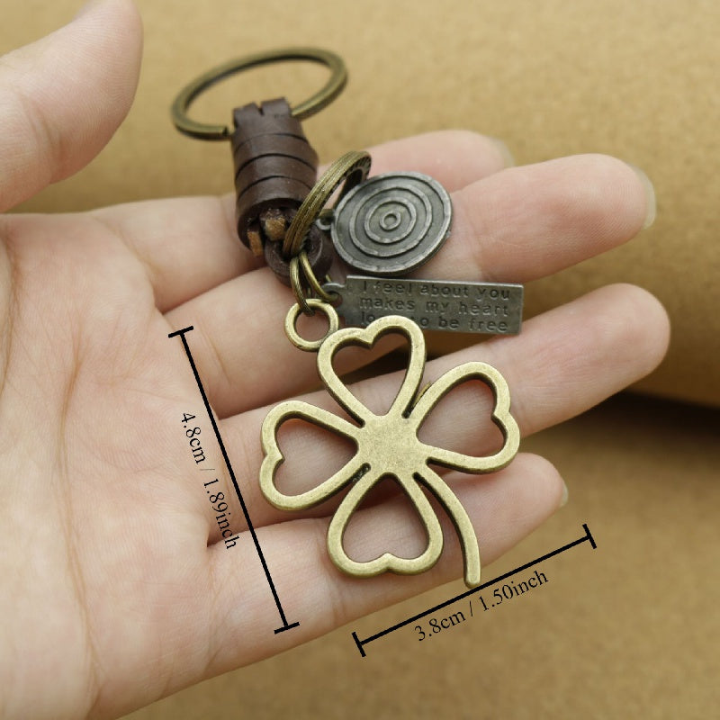 Men's Vintage Clover Keychain | Zinc Alloy with Heart Detail | Bronze Finish & Braided Faux Leather Strap | Casual Style | Durable Metal Charm for Keys and Accessories, Key Organization | Vintage Keychain | Spiral Metal Accen