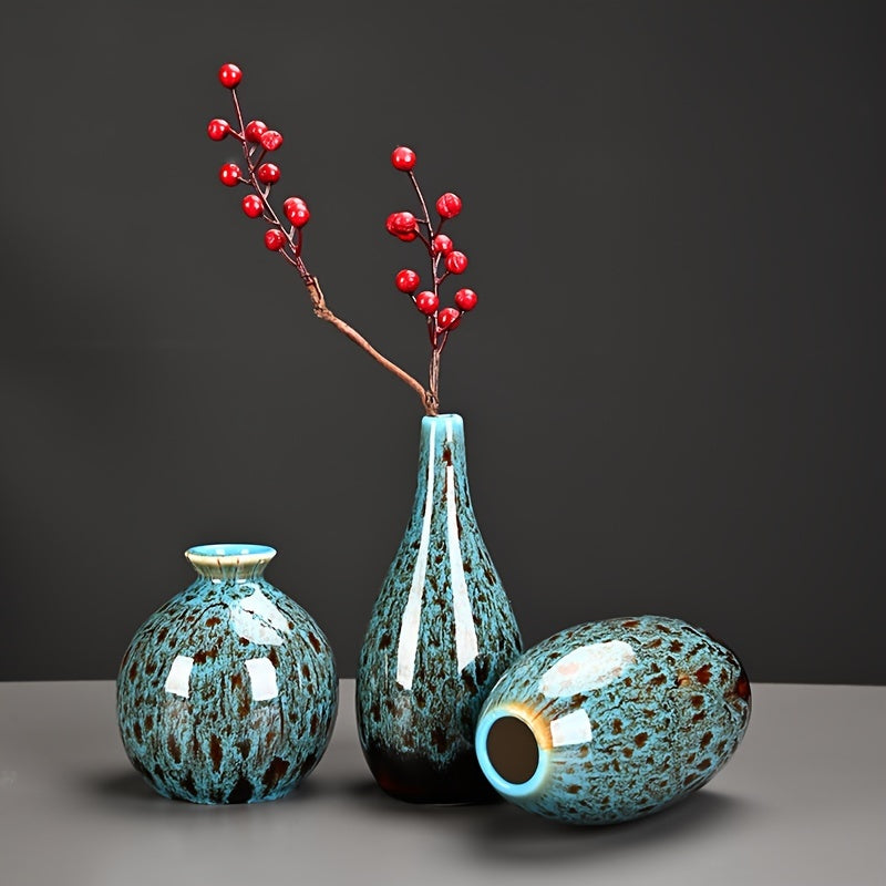BohoBloom VA — Set de 3 Mini Jarrones de Cerámica Azul (Acabado Mate, Estilo Bohemio Moderno)