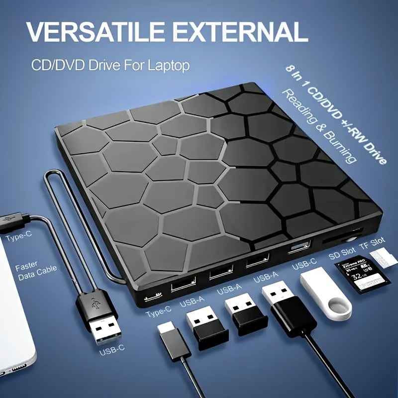 SlimBurn 8 — Unidad Externa CD/DVD 8 en 1 USB 3.0 para Laptop y PC