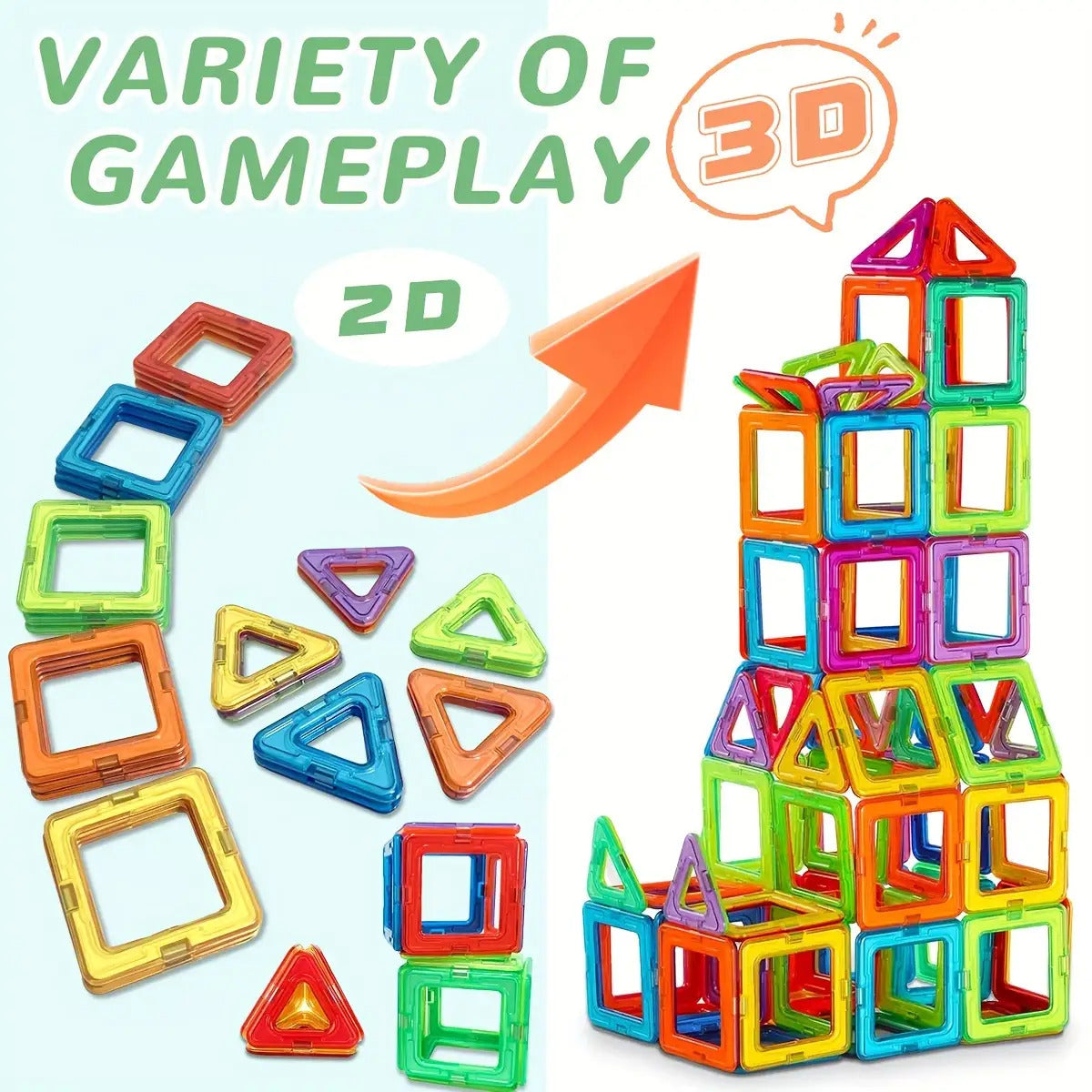 Large Magnetic Building Blocks STEM Educational Set with Storage Bag - 3D Architectural Construction for, Creative Learning Gift with Interlocking Rods, Squares, Triangles & Curved Brackets - Birthday/Christmas/Halloween Gift