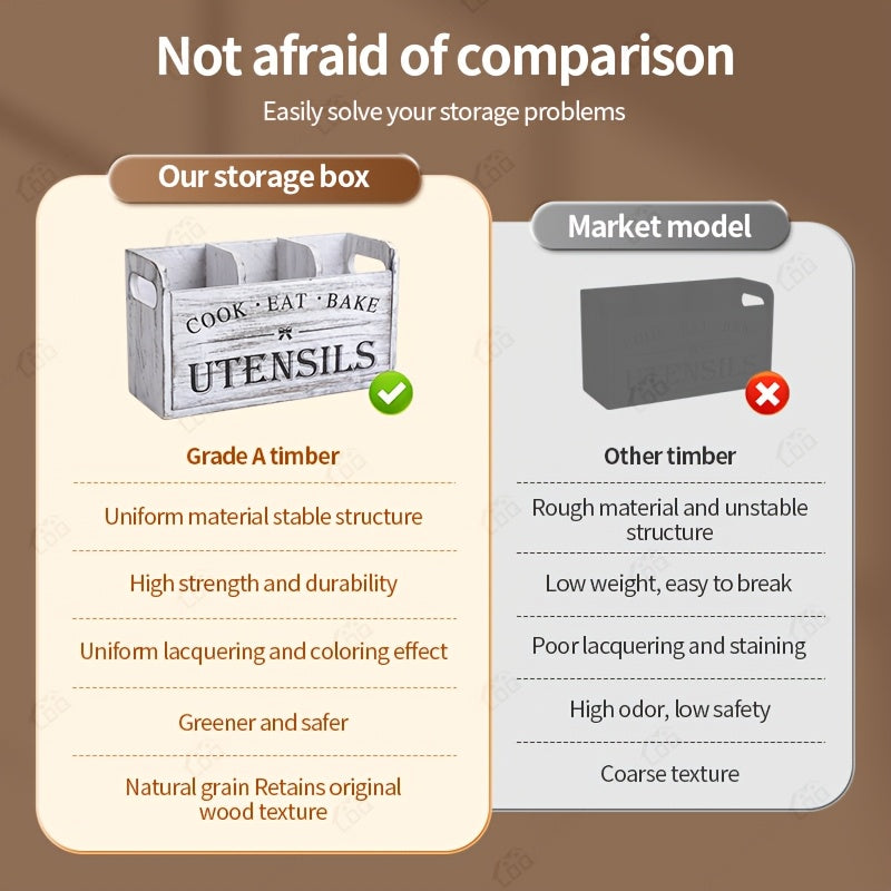 RustiBox LDQ — Organizador de Utensilios de Cocina de Madera con 3 Compartimentos (Montaje en Pared o Encimera, Acabado Barnizado)