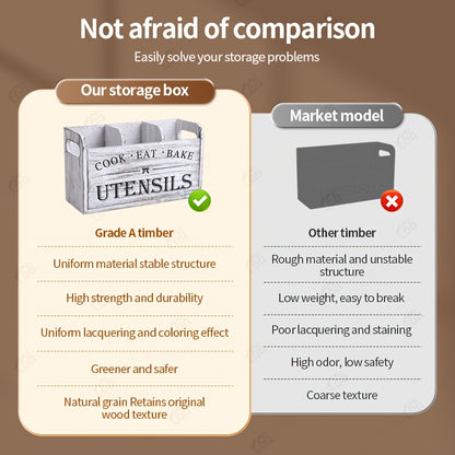 RustiBox LDQ — Organizador de Utensilios de Cocina de Madera con 3 Compartimentos (Montaje en Pared o Encimera, Acabado Barnizado)