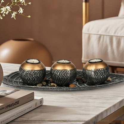 Leaf Harmony — Set de Portavelas de Madera con Bandeja y Esferas