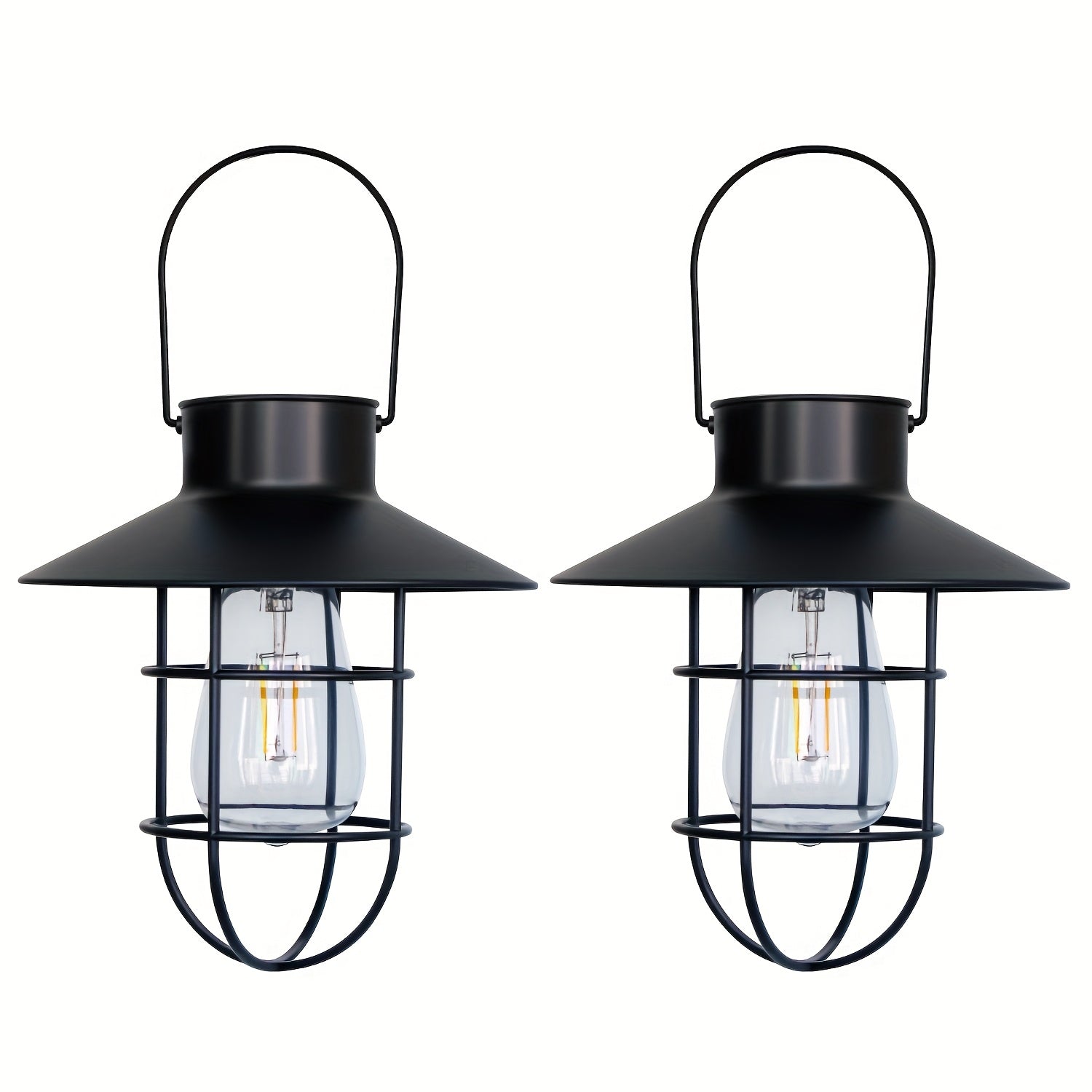 Set of 2 Solar Lanterns, Outdoor Hanging Solar Lights, Vintage LED Solar Lights with Handle for Patio Garden Patio Pathway Lawn Porch Decoration Set of 2 (Black)