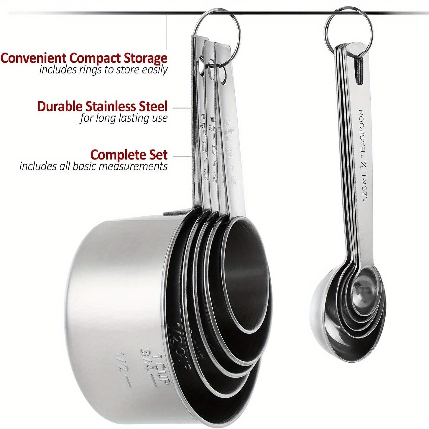 10pcs Set of Rolled Edge Measuring Cups, 5pcss Measuring Spoons + 5pcss Measuring Cups, Stackable Stainless Steel Measuring Cups And Spoons, Can Be Used for Dry Food Or Liquids, Kitchen Gadgets for Cooking And Baking, Kitchen