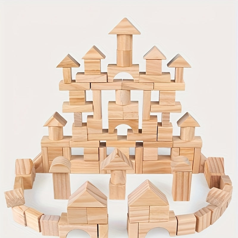 CastilloGeo FC — Set de 100 Bloques Geométricos de Madera Natural para Construcción de Torres y Castillos
