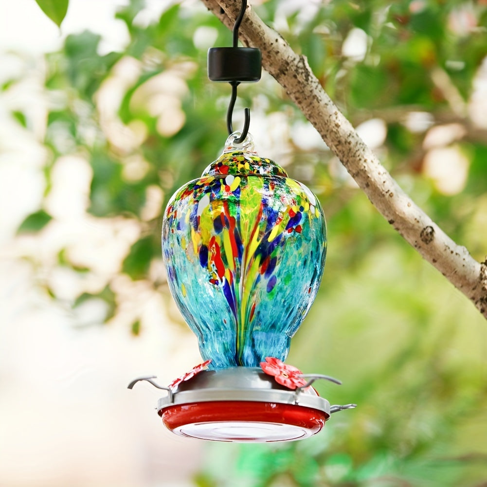 Colorful Hand-Blown Glass Hummingbird Feeder: 32oz (946ml) Capacity, Outdoor Hanging, Ant Moat, No Electricity Required