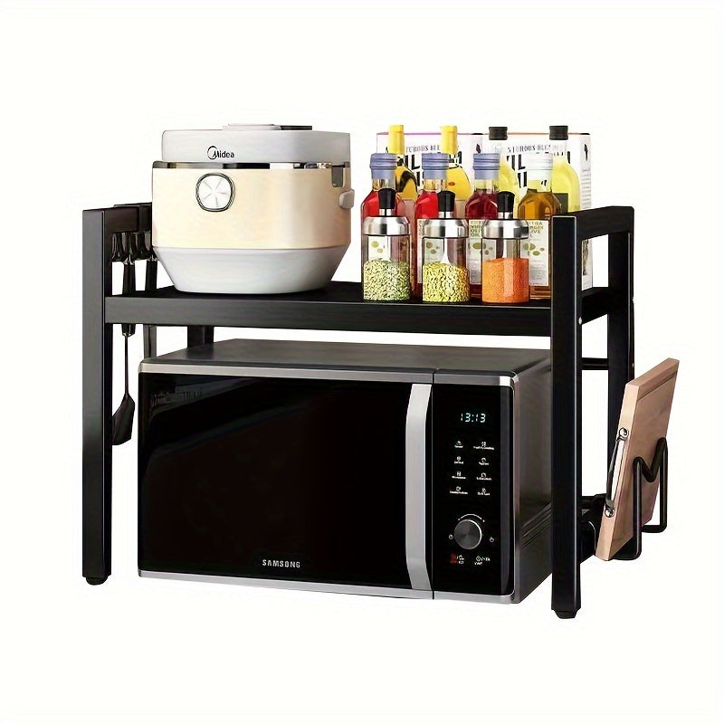1pc Adjustable Metal Microwave Rack, a New Level of Kitchen Storage: Adjustable Length, Multi-Layer Usage, Retractable Microwave Kitchen Shelf for Countertop, Oven Rack, Home Use Rice Cooker Storage Shelf.
