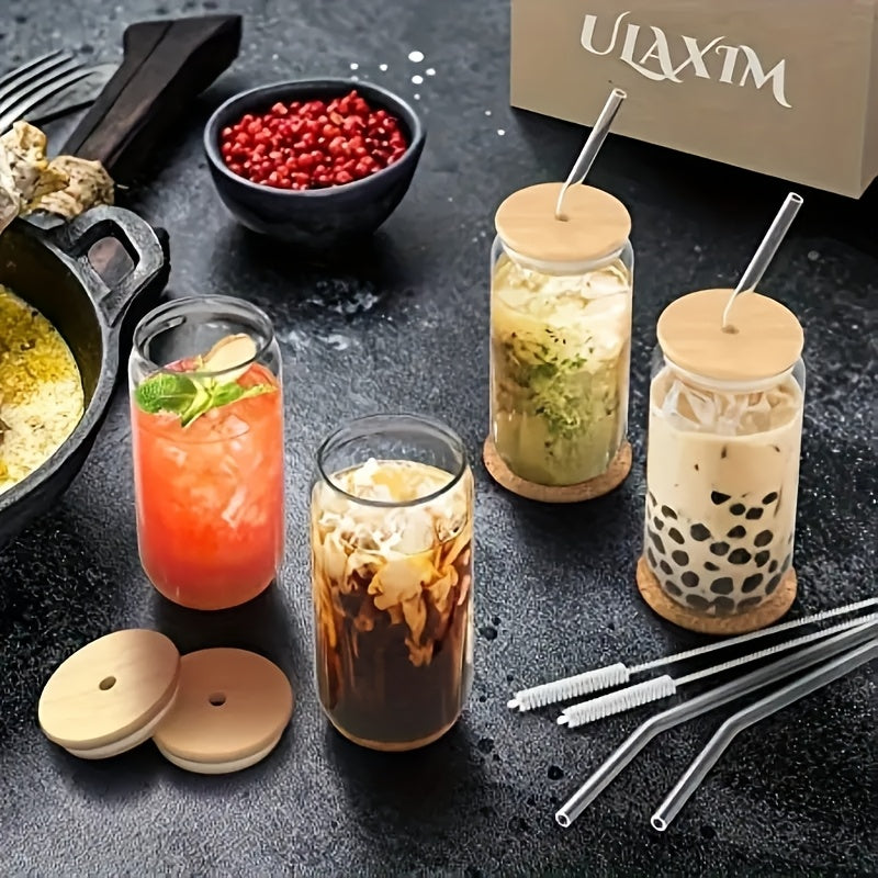 BrewJoy Set — Vasos de Vidrio con Tapa, Bombilla y Cepillo (4 Piezas)