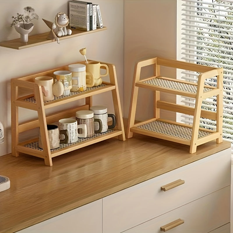 Double layer wooden cup storage rack, 26cm/10 inch artificial rattan mug organizer, suitable for kitchen and living room, compact desktop rack, can hold mugs, cups and small items, durable wooden material, space saving design