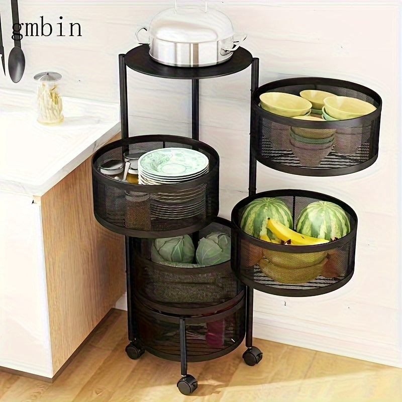 Easy No-Assembly Rotating Metal Storage Rack - Multi-Tier Black Wire Mesh Fruit & Vegetable Organizer with Wheels for Kitchen, Living Room - Sturdy Floor-Standing Shelf, Space-Saving Modern Home Decor, Minimalist Design, Dura
