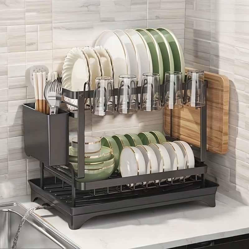 Heavy-Duty Carbon Steel Kitchen Dish Rack - Space-Saving Two-Tier Organizer with Drainage System, Compact Countertop Organizer for Plates, Bowls, Cups, Knives, Spoons - Ideal for Small Kitchens, Apartments, Restaurants - Easy