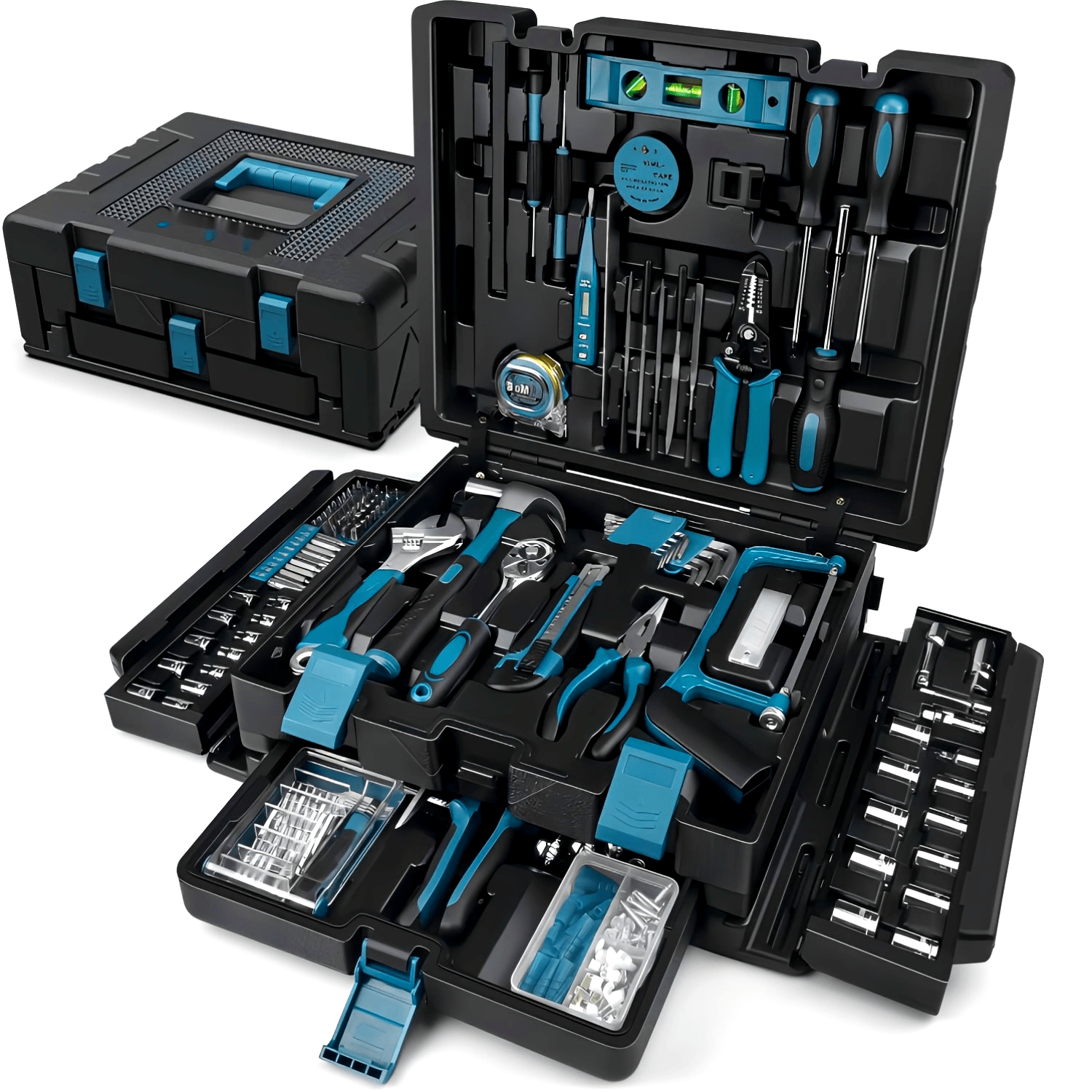 379pcs Complete Home Tool Kit - Portable Household & Auto Repair Tool Set with Drawer - General Purpose Hand Tools Storage Case - Comprehensive Basic Tool Box for Handyman, DIY & Homeowners - Alloy, Blue, No Assembly Required
