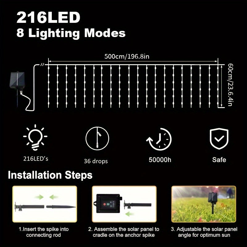 1 pack, outdoor solar 59.98meter x 7.19meter curtain cord light, IPX4, 8 modes of remote control waterfall light, courtyard garden balcony birthday party wedding decoration light, commercial lighting atmosphere string light,
