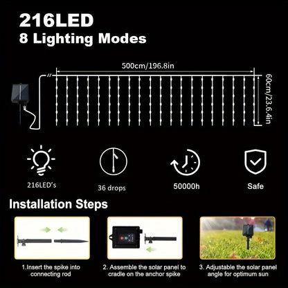 CascadaLuz AMILL — Cortina de Luces Solares para Exteriores (59,98m x 7,19m, 8 Modos con Control Remoto)