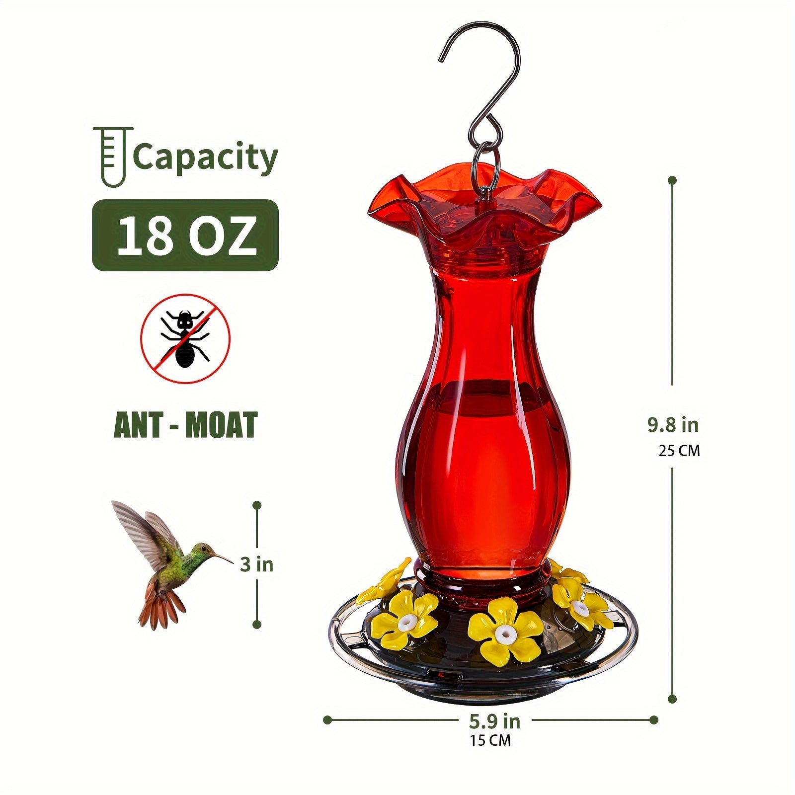 Ant-Moat Hummingbird Feeder: 18 oz Capacity, 6 Feeding Ports, Leak Resistant, 24.89 cm H x 14.22 cm Diameter, Suitable for Hummingbirds, No Battery Required