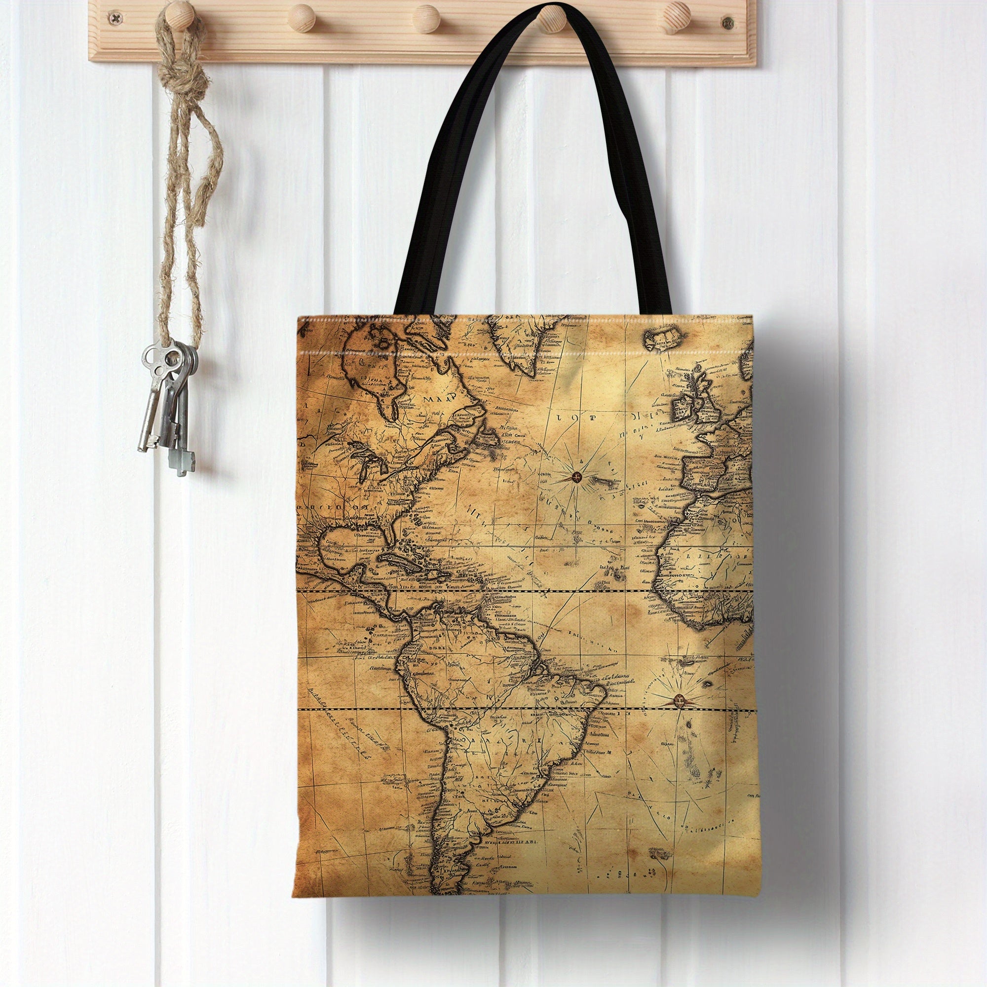1pc Vintage World Map Canvas Tote Bag - Durable Polyester, Retro Style with Classic Map Design, Perfect for Shopping & Everyday Use, Shopping Canvas Bag|Nostalgic Accessory|Detailed Cartographic Print