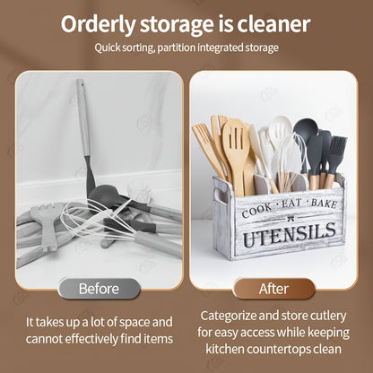 RustiBox LDQ — Organizador de Utensilios de Cocina de Madera con 3 Compartimentos (Montaje en Pared o Encimera, Acabado Barnizado)