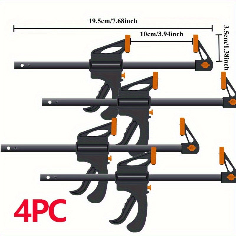GripFast KF — Set de 4 Mini Prensas de Carpintería (4", Operación con Una Mano, Mango Doble Naranja)